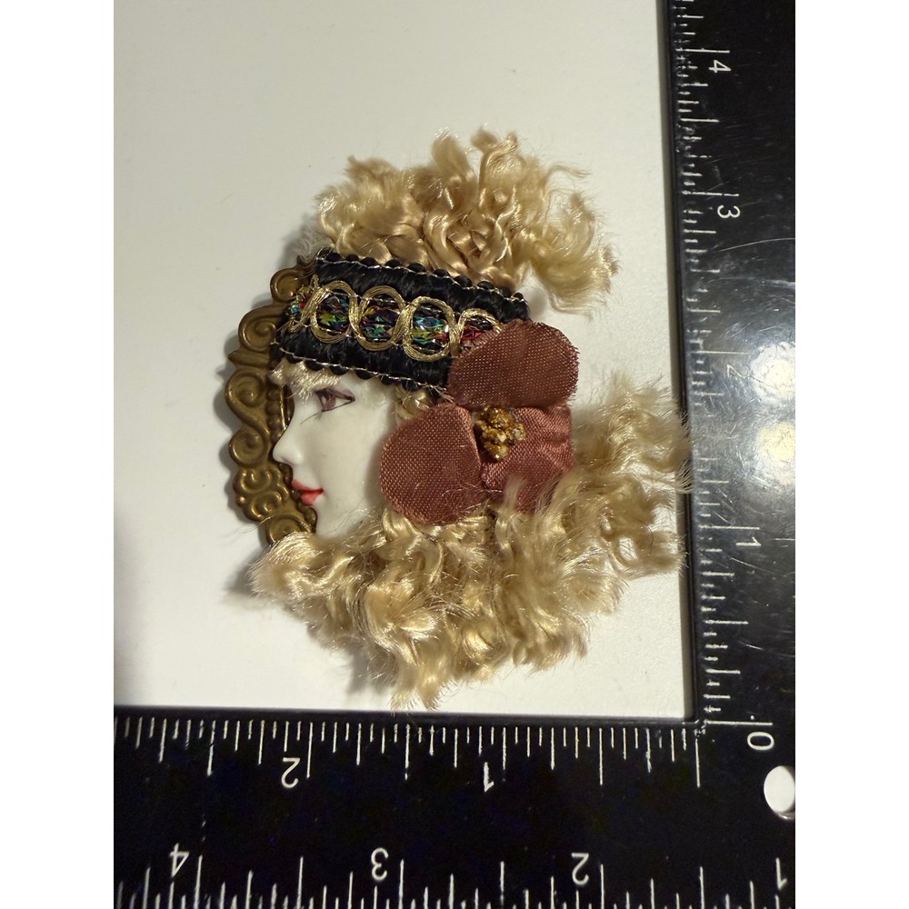 Vintage Flapper Girl Face Brooch Blonde Hair Gold Tone Filigree Porcelain Style